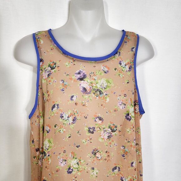 Lush Womens Tank Top Small Floral Swing Sheer High Low Keyhole Orange Purple - Picture 3 of 9